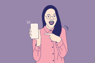 Illustrations Beautiful young woman pointing her hand to  empty screen phone