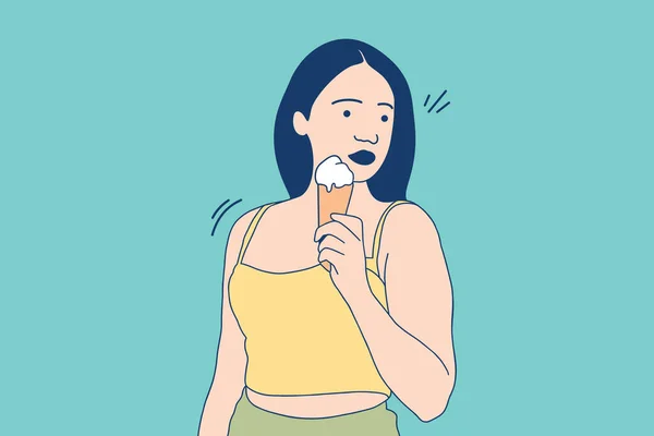 Иллюстрации Красивая Молодая Женщина Ест Вкусное Ванильное Мороженое — стоковый вектор