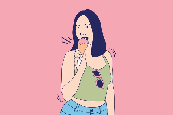 Illustrations Beautiful young woman eating strawberry ice cream at summer