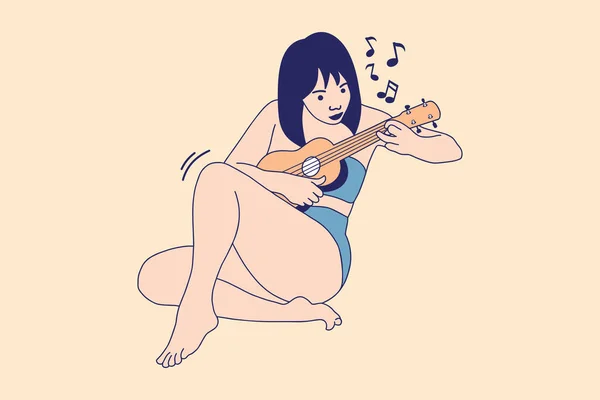 Illustrations Beautiful Young Women Playing Ukulele Beach Summer — 图库矢量图片