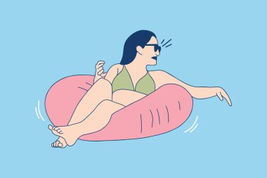 Illustrations of Beautiful bikini woman lying on float in a pool on summerday
