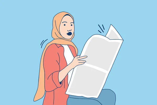 Illustrations of Beautiful business muslim woman reading a newspaper