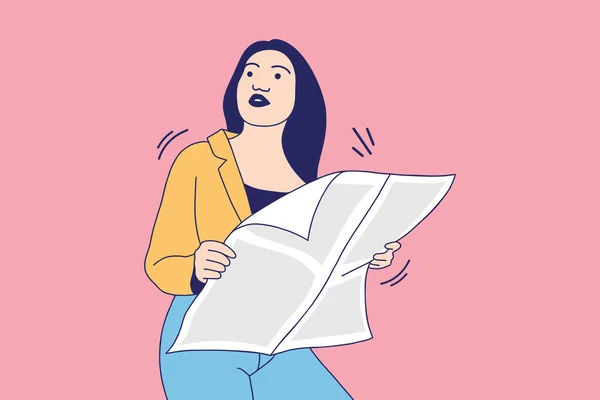 Illustrations of Beautiful young woman reading a newspaper in the morning