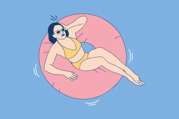 Illustrations of Beautiful woman in yellow swimsuit having fun on float in a pool on summerday