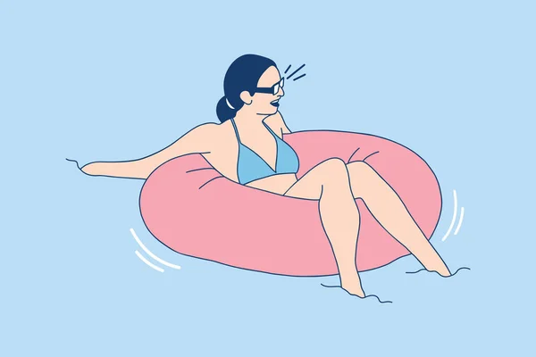 Illustrations of Beautiful bikini woman lying on float in a pool on summerday