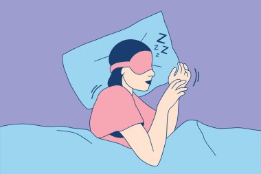 Illustrations of Beautiful Young girl with sleep mask taking a nap in the bed