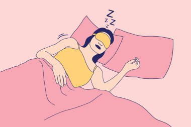 Illustrations of Beautiful Young woman with sleep mask enjoy sleeping on the bed