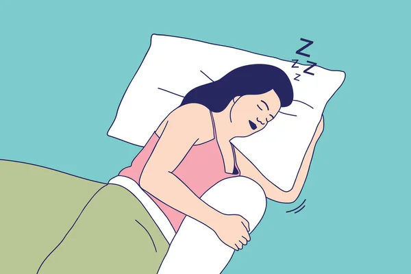Illustrations Beautiful Young Woman Lying Bed Night — Vector de stock