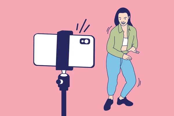 Illustrations of Beautiful Young influencer woman enjoy recording dancing video with smartphone for tiktok challenge