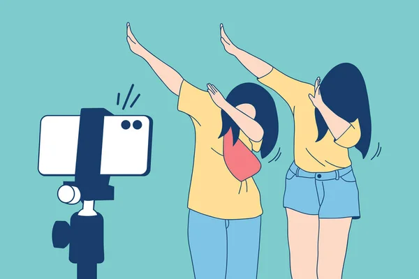 Illustrations Two Beautiful Influencer Girl Happy Recording Dancing Dab Style — 스톡 벡터