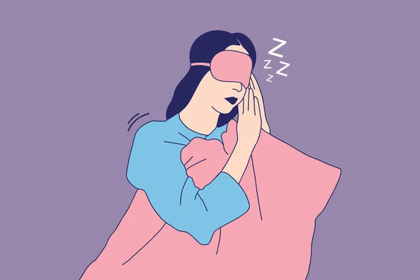 Illustrations of Beautiful Young girl with sleep mask lying on bed in the night
