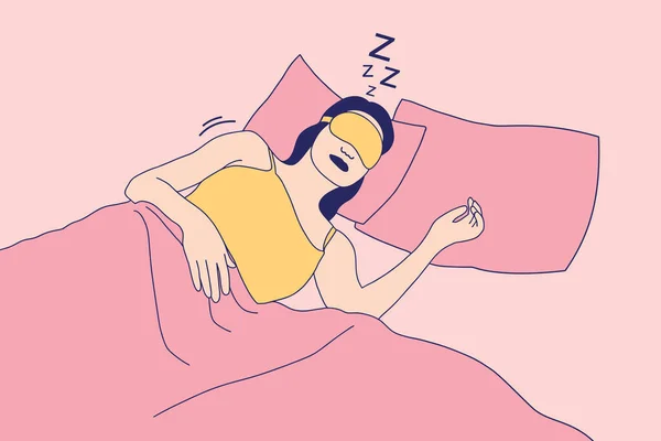 Illustrations of Beautiful Young woman with sleep mask enjoy sleeping on the bed