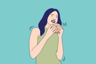Illustrations Beautiful young woman happy eating chesee burger 