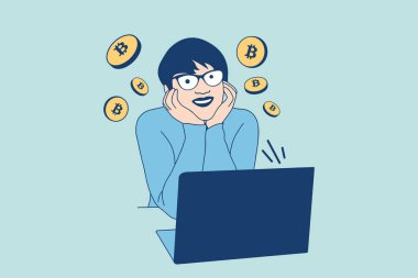 Illustrations of Beautiful woman using a laptop for bitcoin trading cryptocurrency 