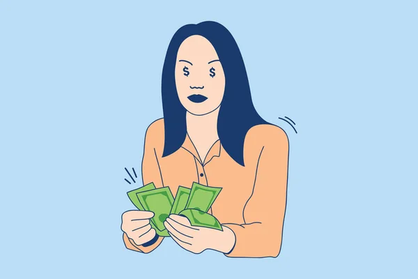 Illustrations of Beautiful Young woman happy holding lot of money cash