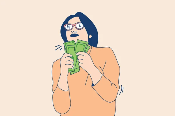 Illustrations of Beautiful Young girl smiling holding lot of money cash