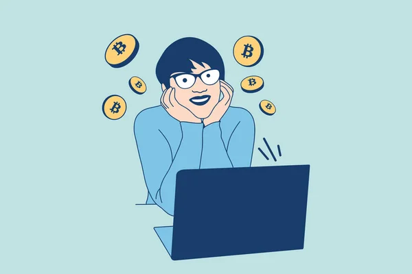 Illustrations of Beautiful woman using a laptop for bitcoin trading cryptocurrency 