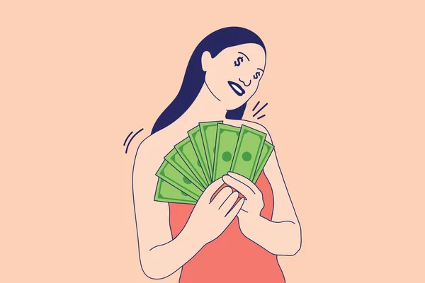 Illustrations Beautiful Young Woman Excited Money Banknotes Income — Vetor de Stock