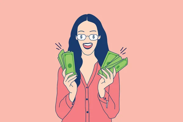 Illustrations Beautiful Young Girl Smiling Holding Lot Money Cash — 스톡 벡터