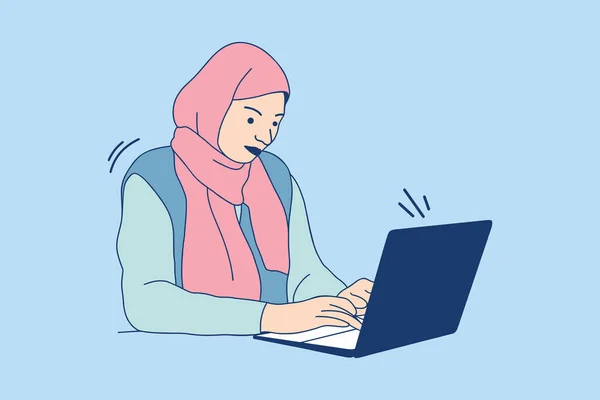 Illustrations Beautiful Business Muslim Woman Work Home Laptop — Stockový vektor