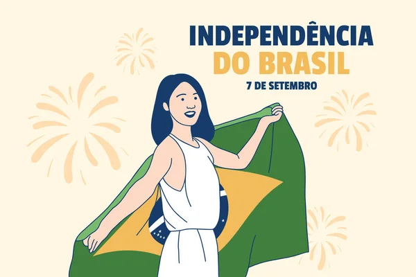 Illustrations of Beautiful Brazilian woman holding Brazil flag for 7 de setembro independence day concept