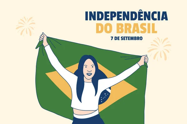 Illustrations of Beautiful Brazilian woman holding Brazil flag for 7 de setembro independence day concept