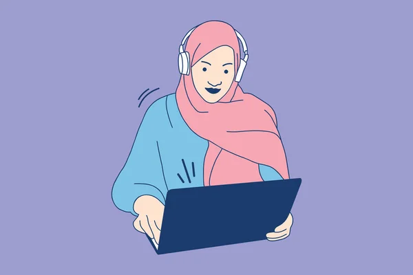 Illustrations of Beautiful Young customer service muslim girl with a headset at her workplace