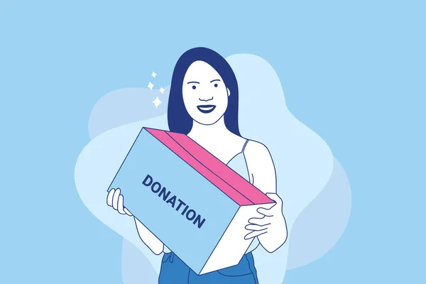 Beautiful Volunteer Woman Holding Box Donation International Day Charity Concept — Vector de stock