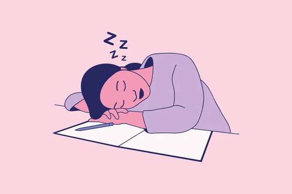 Illustrations of Beautiful female teen students napping at her desk with book