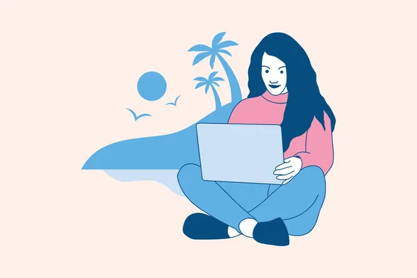 Illustrations of Beautiful digital nomad woman enjoy working with laptop on the beach design concept