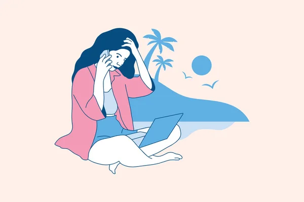 Illustrations of Beautiful digital nomad woman enjoy working with laptop on the beach design concept