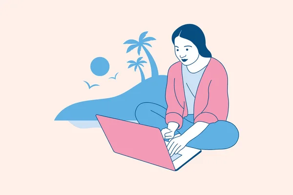 Illustrations of Beautiful digital nomad woman enjoy working with laptop on the beach design concept