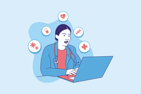 Illustrations of Beautiful female doctor online for telemedicine design concept