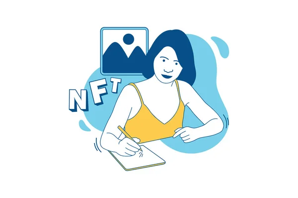Illustrations of Beautiful NFT creator drawing NFT art with a tablet design concept