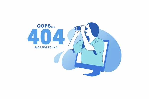 Illustrations Woman Using Binocular Looking Internet Connections Oops 404 Error — Stockový vektor