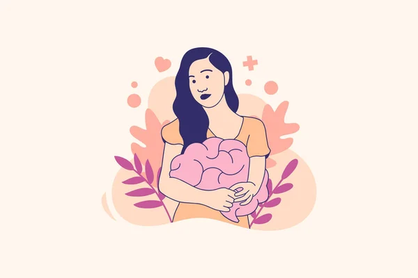 Illustrations Beautiful Woman Hugs Her Brain World Mental Health Day — стоковый вектор