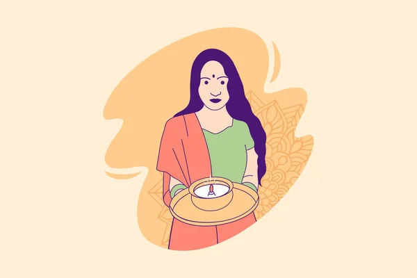 Illustrations Beautiful Indian Woman Holding Diya Lamp Celebration Diwali Day — Stock Vector