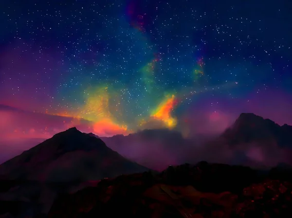 Night Landscape Mountain Milkyway Galaxy Background Long Exposure Low Light — Zdjęcie stockowe