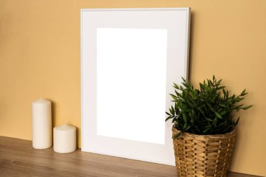 Süslemeli beyaz resim çerçevesi. Fotoğrafın ya da mesajın için hazırlan. Eserlerinizi yerleştirin, baskı sanatı, beyaz arka plan, pastel renk kitabı. Fotoğraf gerçekçi 3D illüstrasyon