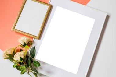 Süslemeli beyaz resim çerçevesi. Fotoğrafın ya da mesajın için hazırlan. Eserlerinizi yerleştirin, baskı sanatı, beyaz arka plan, pastel renk kitabı. Fotogerçekçi 3D çizim. Turuncu ve beyaz arkaplan