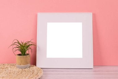 Süslemeli beyaz resim çerçevesi. Fotoğrafın ya da mesajın için hazırlan. Eserlerinizi yerleştirin, baskı sanatı, beyaz arka plan, pastel renk kitabı. Fotoğraf gerçekçi 3D illüstrasyon