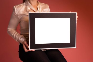 Gold picture frame with decorations. Mock up for your photo or text. Place your work, print art, white background, pastel color book. Photo realistic 3d illustration