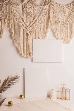 White picture frame with decorations. Mock up for your photo or text. Place your work, print art, white background, pastel color book. Photo realistic 3d illustration. White Background, boho