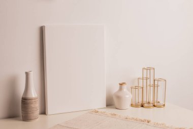 White picture frame with decorations. Mock up for your photo or text. Place your work, print art, white background, pastel color book. Photo realistic 3d illustration. White Background, boho