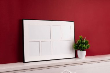 Süslemeli beyaz resim çerçevesi. Fotoğrafın ya da mesajın için hazırlan. Eserlerinizi yerleştirin, baskı sanatı, beyaz arka plan, pastel renk kitabı. Fotoğraf gerçekçi 3D illüstrasyon