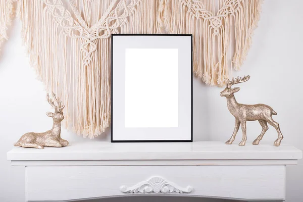White picture frame with decorations. Mock up for your photo or text. Place your work, print art, white background, pastel color book. Photo realistic 3d illustration. Minimalist Christmas interior decoration. White background