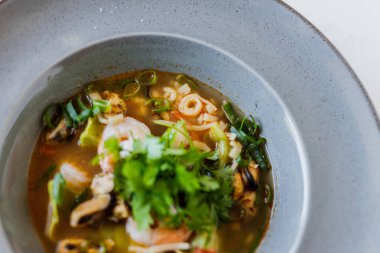 Bok, soğan ve gyoza soslu deniz mahsulü çorbası. Beyaz arka plan. Gri tabak