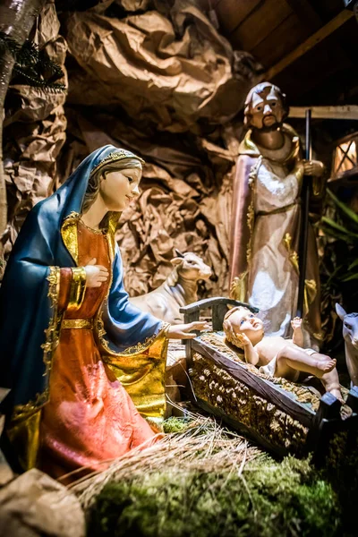 Födelsemiljön Förstärks Med Ljusstrålar Maria Jospeh Och Jesus Julen Kommer — Stockfoto
