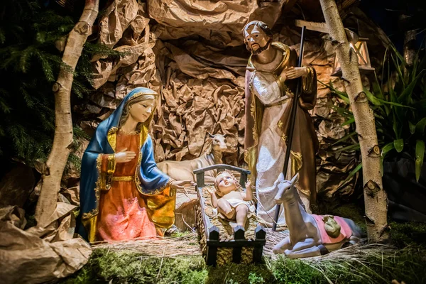 Рождественская Сцена Усилена Лучами Света Мария Жозеф Иисус Скоро Рождество — стоковое фото