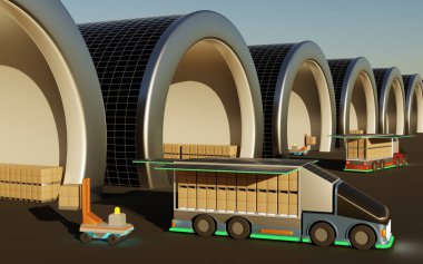 İki otonom forklift çatıda güneş panelleri olan fütüristik hangarlarda elektrik ve güneş kamyonlarını boşaltıyorlar. 3B görüntüleme.